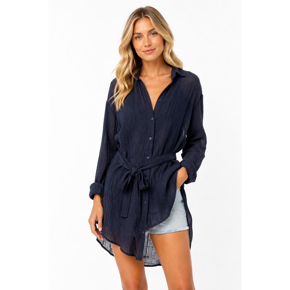 Abercrombie & Fitch Shirt Dress Women Small BLACK Blue Excellent Gauze Belted